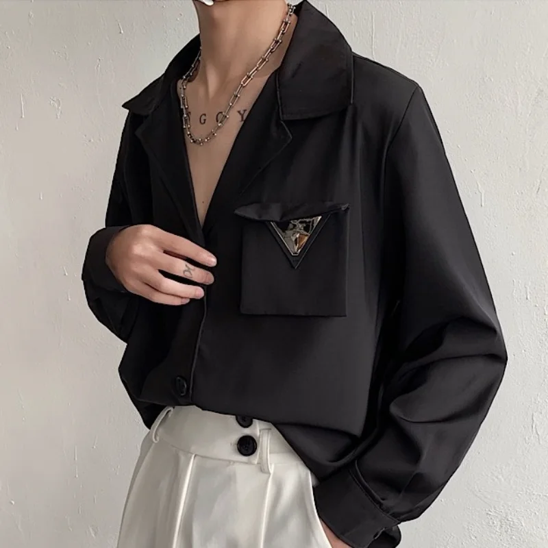 ElegantCubanCollarShoulderPadShirtMenMetalTriangleBreastPlate