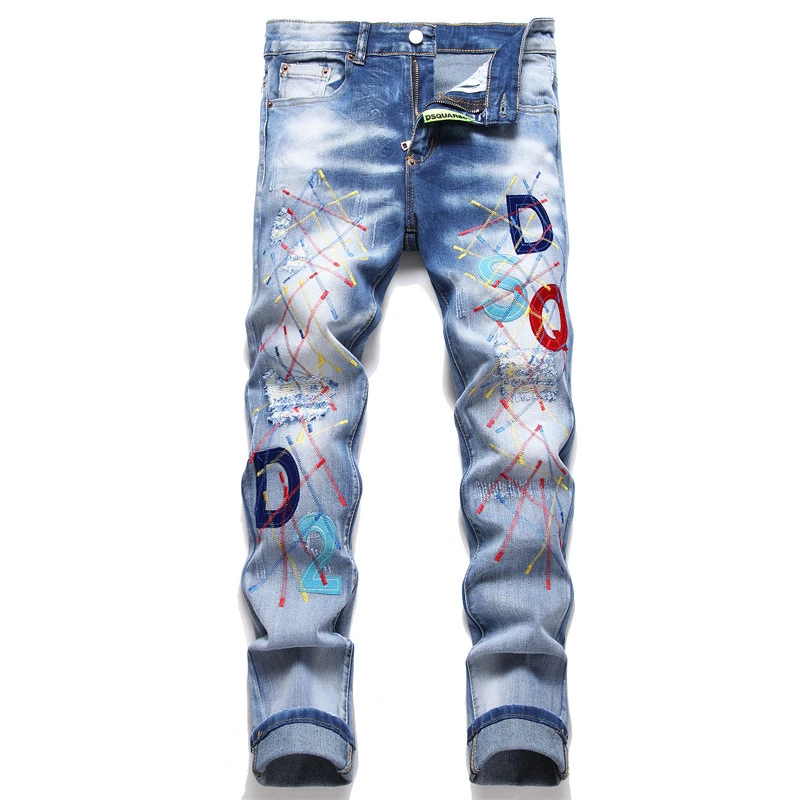 

2023 New Spring Street Trend Men's Jeans Ripped Embroidery Mid-Waist Elastic Slim Pencil Pants Motorcycle Hip Hop Trousers