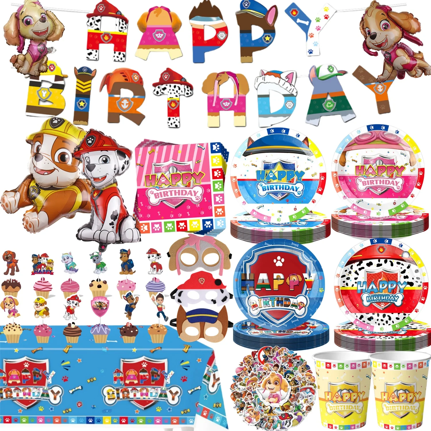 Paw Patrol Geburtstagsdeko-Set – Inkl. Banner, Tischdecke, 16 Teller & Servietten, Aufkleber, Für Bis Zu 16 Gäste