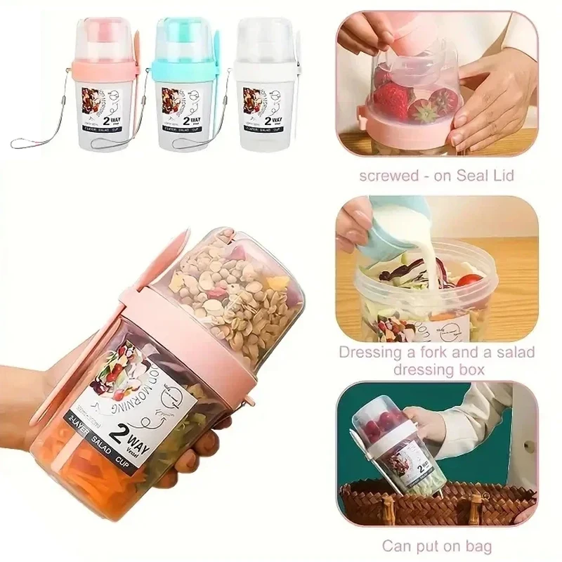2Tier Salad Cup Breakfast Fruit Oat Yogurt Salad Cup Spoon Two Layer Food Portable Fitness Weight Reducing Food Storage