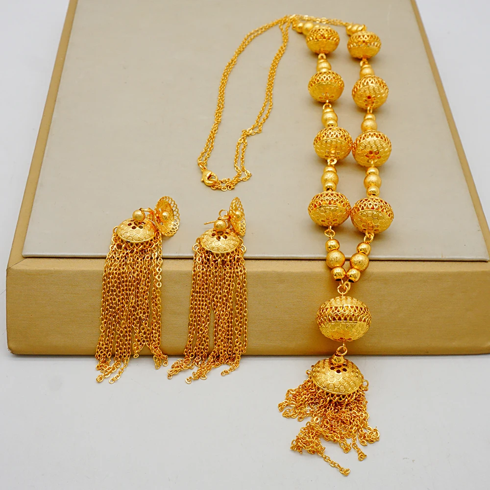 Fashion Gold Color Ethiopian Jewelry Set Long Tassel Pendant Earrings Wedding Arab African Bride Necklace Set