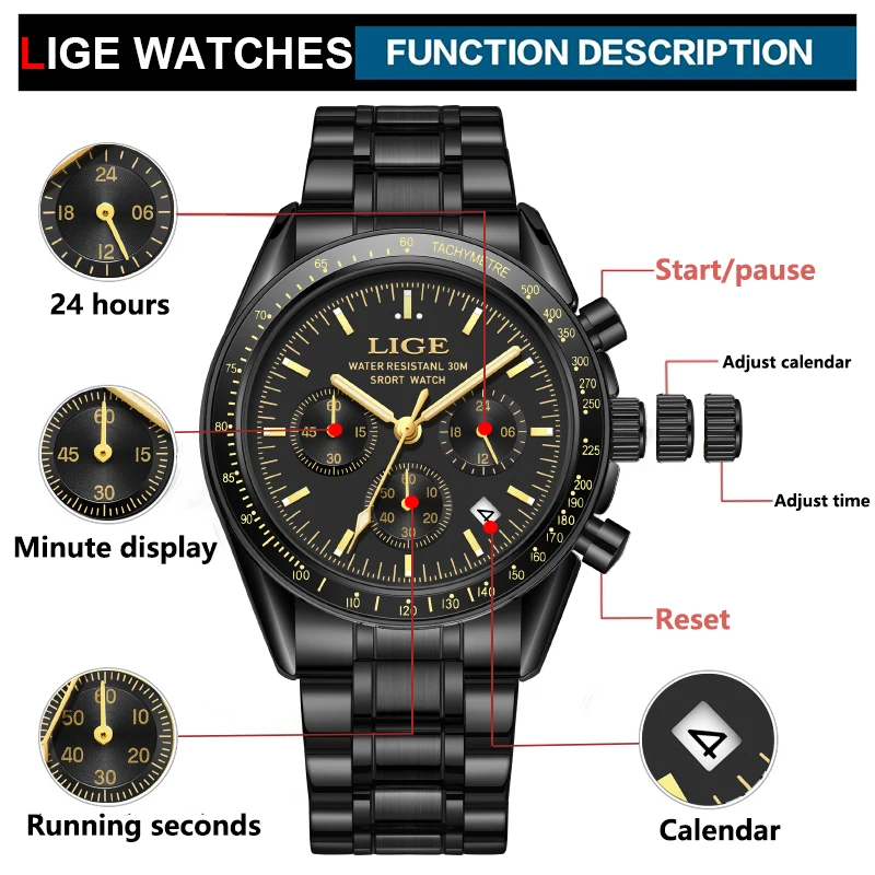 LIGE Classic Watches for Men Business Military Waterproof Watch Men Top Brand Luxury Sports Quartz Chronograph Montre Homme+BOX