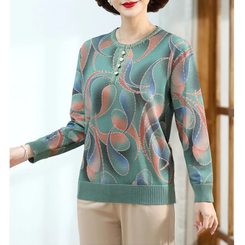 Autumn Winter Middle Aged Elderly Women Diamonds Print Elegant