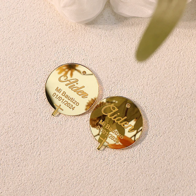 20 Targhette In Acrilico A Specchio Dorato - Personalizzabili, A Cuore, Per Matrimoni, Battesimi, Regali - Foto 5