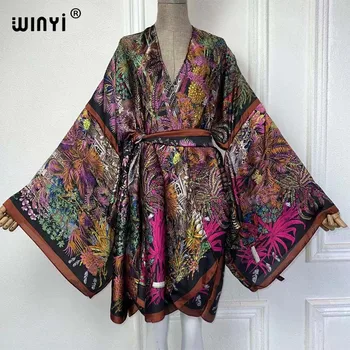 WINYI Kimono Africa summer print dress Summer beach wear women Cardigan Holiday long Sleeve silk feeling beach outfits for women 1