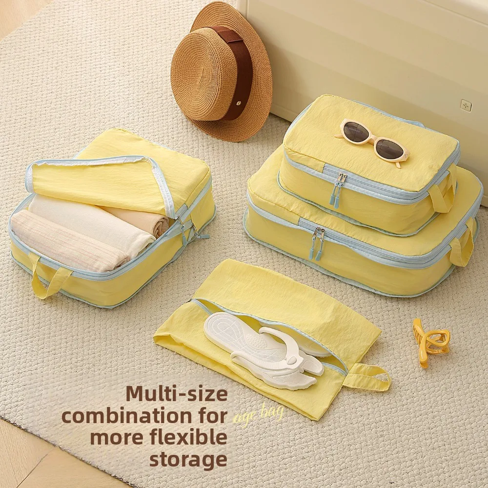 Enhanced Travel Packing Cubes Set with Shoe Bag - Yellow Taslan, Space-Saving Compression Luggage Organizers