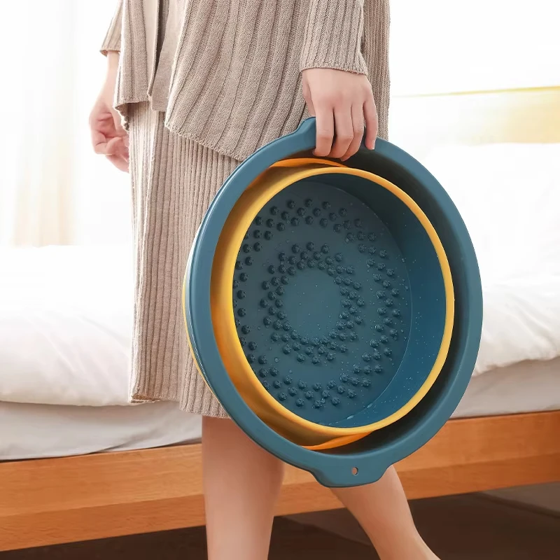 Embossing Bottoming Widen Handle Footbath Barrel With Hanging Hole Acupoint Massage Foot Bath Foldable Bucket