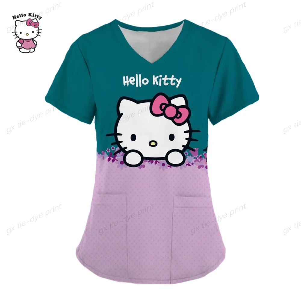 thumbnail image 1 of Camisetas de manga corta para mujer, uniforme de enfermera con estampado de Hello Kitty, cuello en V, bolsillo, para trabajadores de la salud, ropa de trabajo clínica, 1 of 5