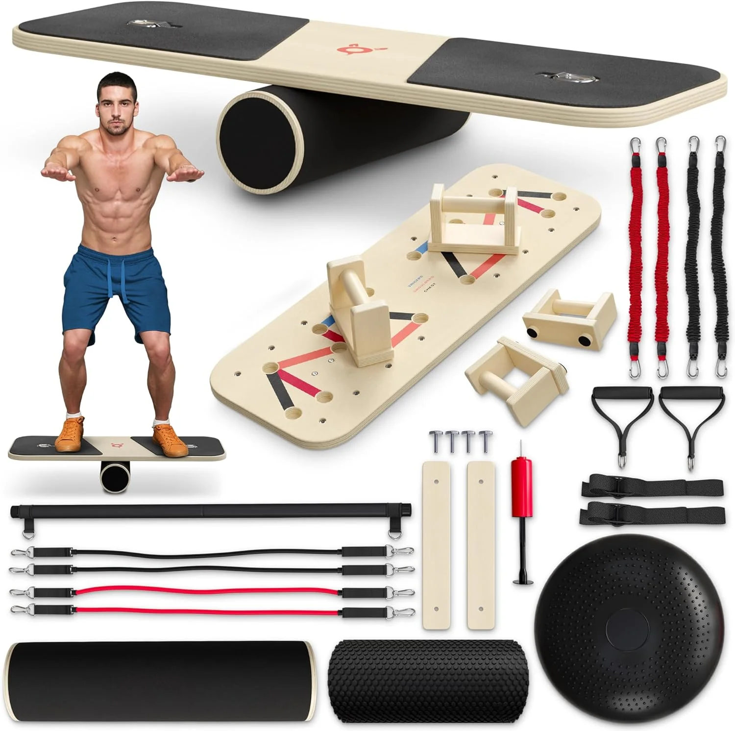 Multi-Function Fitness Wooden Push-Up Board Kit With Pilates Bar Resistance Ba Sets Foldable Stand for Sports & Entertainment