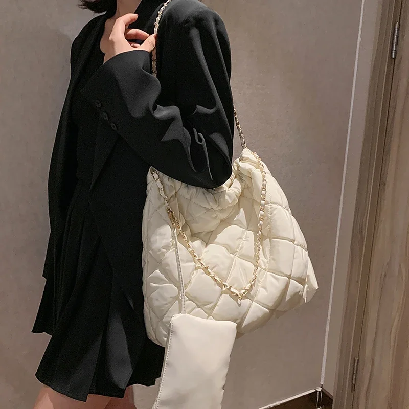 Fashion Lingge Chains Large Capacity Tote Bag Designer Quilted Women Shoulder Bags Nylon Down Cotton Crossbody Bag 2 Bags Set