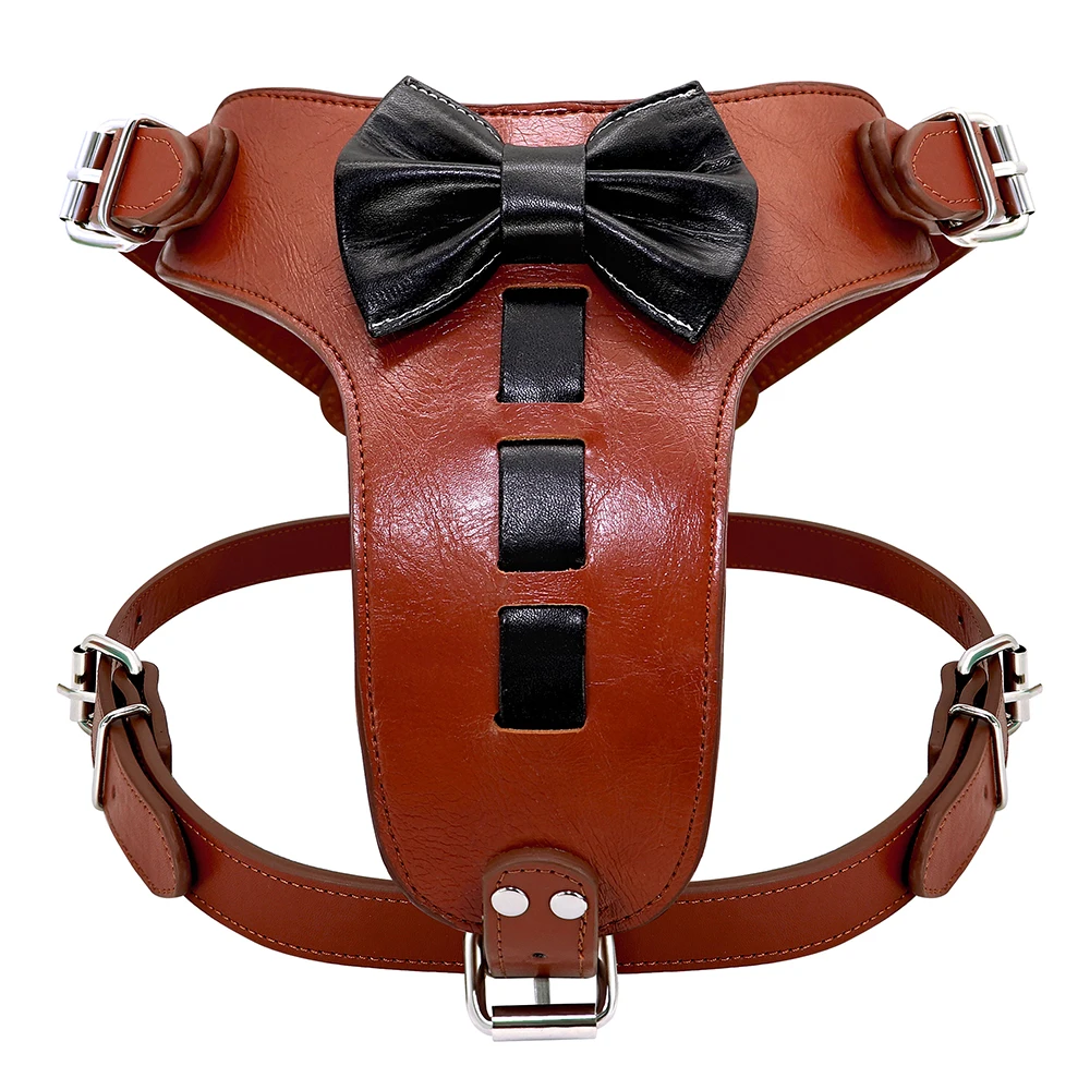 GenuineLeatherDogHarnessBowknotRealLeatherDogsPitbullVest