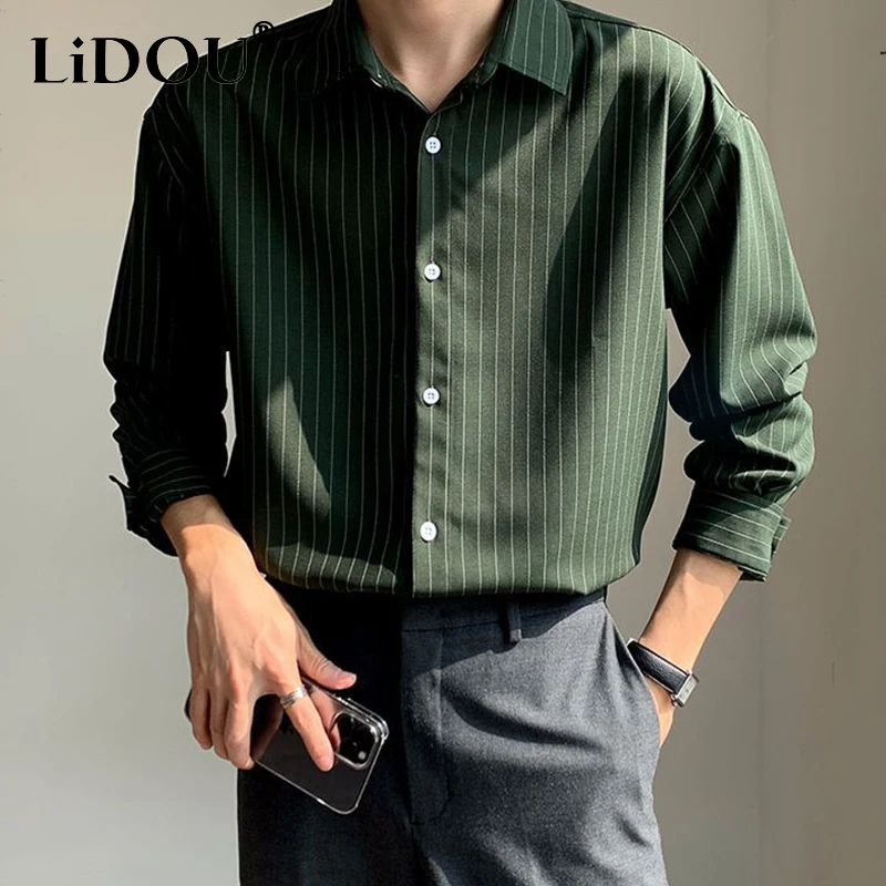 2023 New Korean Fashion Autumn Shirts Men Business Casual Neat Capable Hipster Street England Style Elegant Stripe Clothes Top