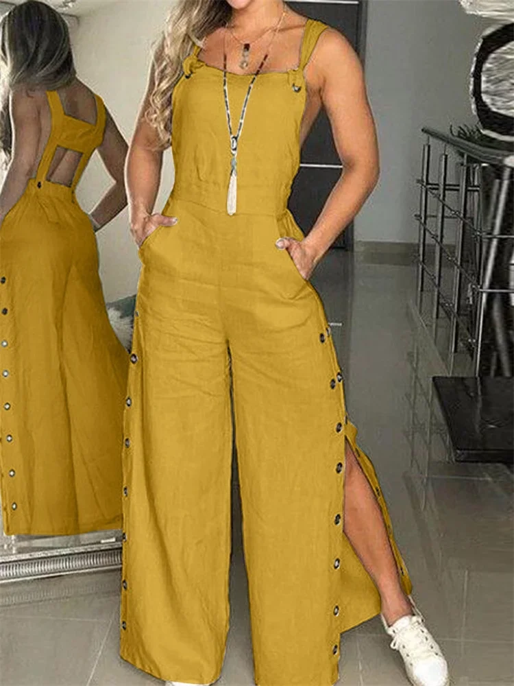 Wmstar Jumpsuit Women Clothing Slip Sleeve Romper Button Side Slip Hem New in Fall Fashion Pockets Pants Wholesale Dropshipping