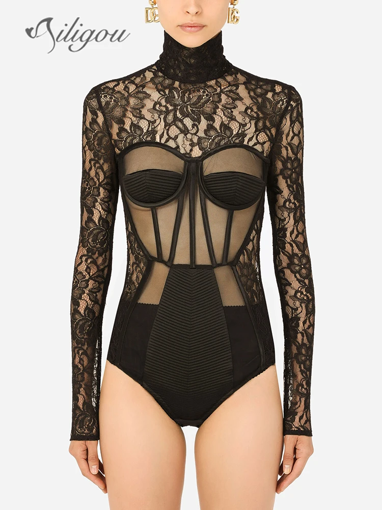 

Ailigou 2022 Fall New Women's Long Sleeve Turtleneck Lace Jumpsuit Bodysuit Black Sexy Celebrity Club Jumpsuit Overalls