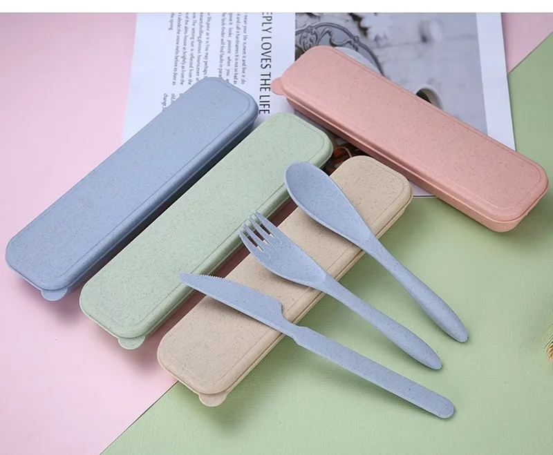 

3pcs/set Cutlery Box Travel Portable Cutlery Box Wheat Straw Knife Fork Spoon Student Dinnerware Sets Tableware
