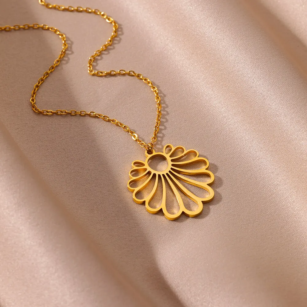 Fashion Sunflower Necklaces Gold Color Stainless Steel Geometric Pendant