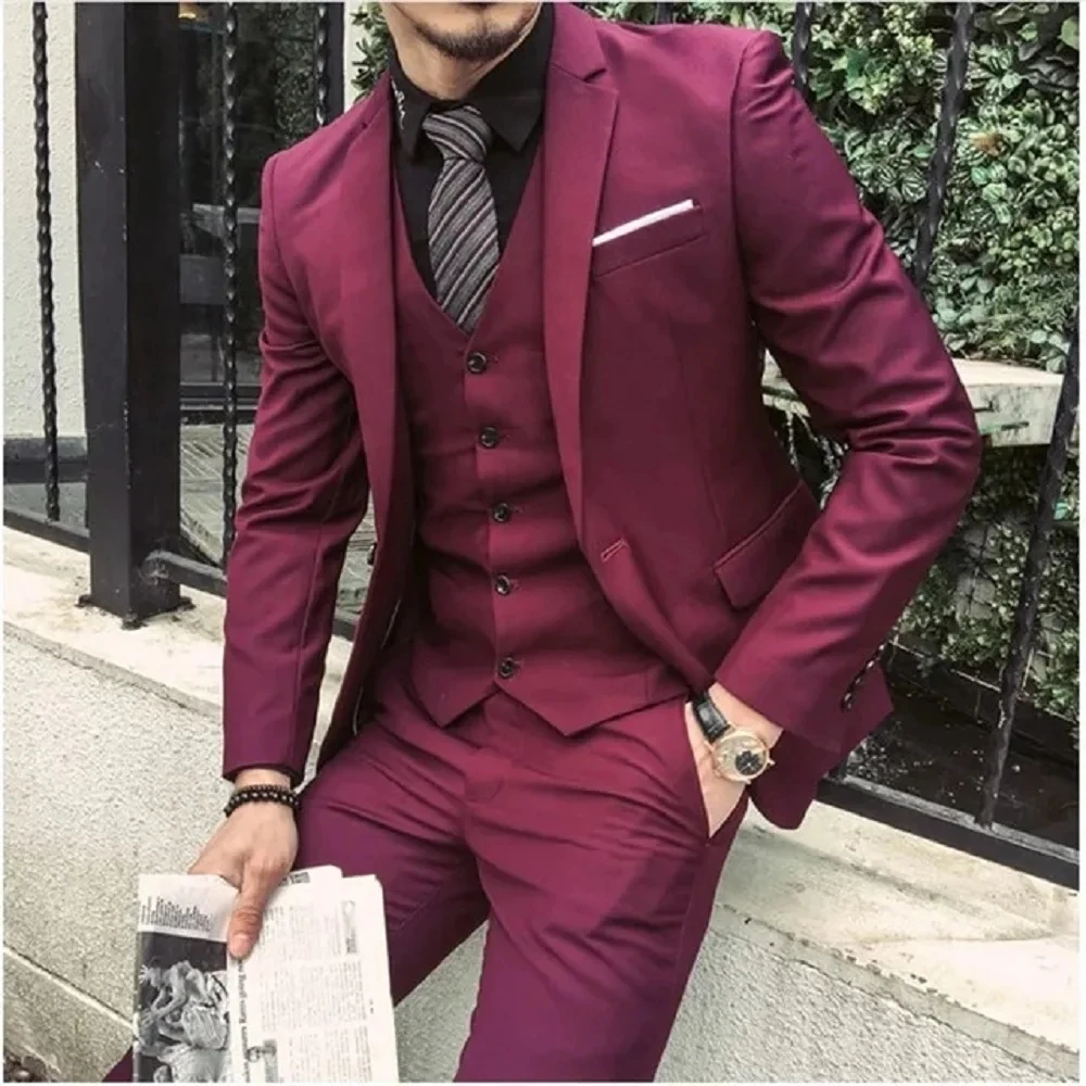 Burgundy Men Suits Blazer Wedding Grooms Slim Fit Prom Formal Jacket Tuxedo Costume Homme Mariage Terno Vest (jacket+vest+pants)