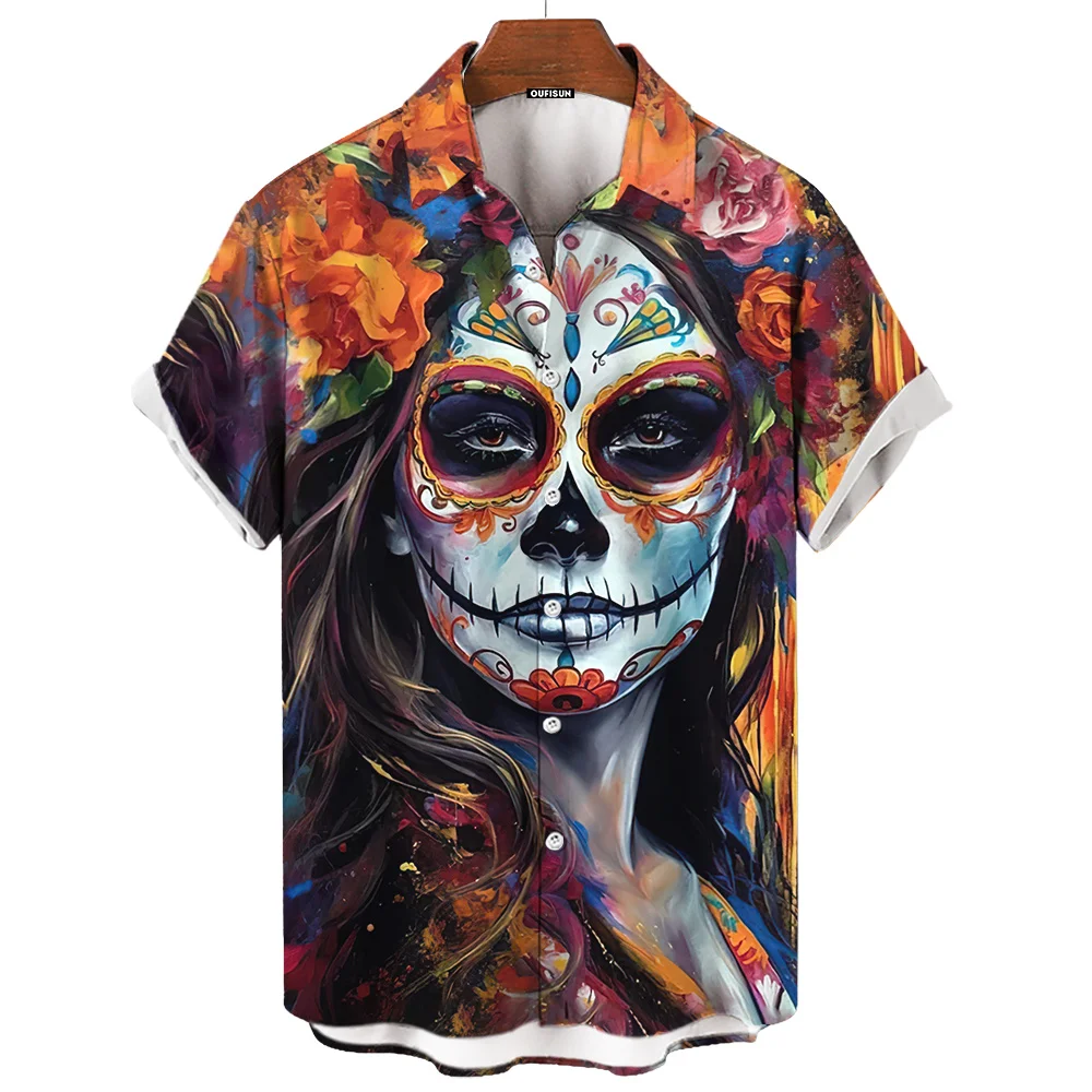 Day Of The Dead Skull Men's Short Sleeve Shirt 3d Print Retro Loose Oversized Festival Clothing casual short sleeved shirt,short sleeved shirt