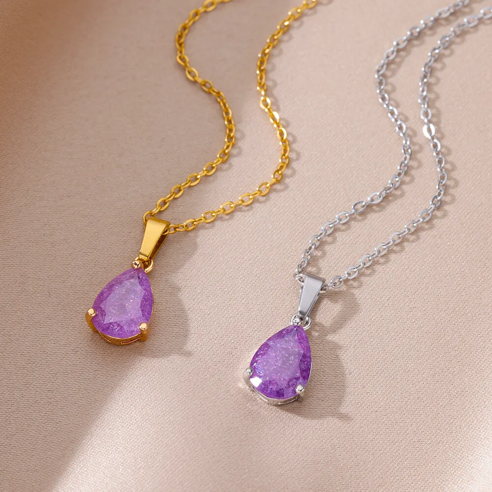 Zircon Teardrop Necklace Gold Plated Stainless Steel For Women Wedding