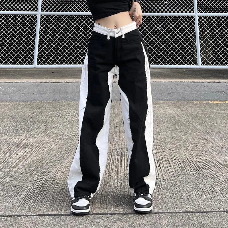 

Casual Grunge Black White Patchwork High Waist Women Jeans Streetwear Harajuku Denim Trousers Burr Contrast New Pants