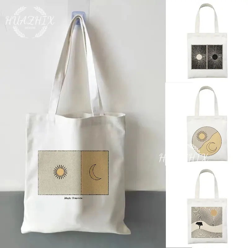 

Women Canvas Shopping Bag Sun Moon Books Bag Female Cotton Cloth Shoulder Bag Eco Handbag Tote Reusable Grocery Shopper Bags