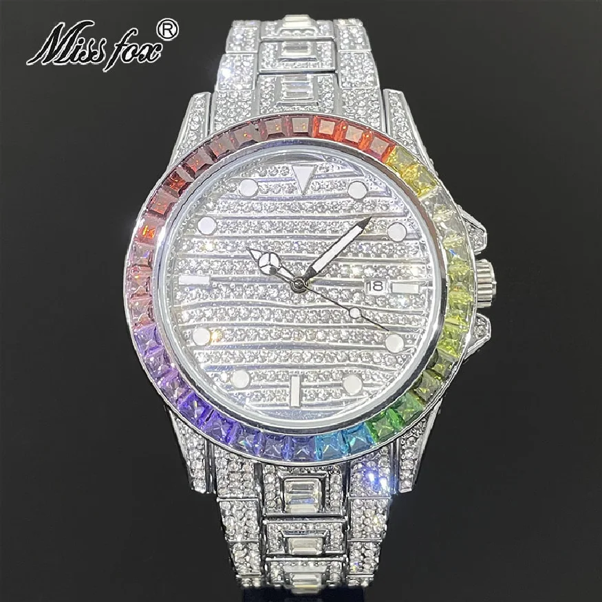 

New Iced Out Watch Luxury Men Colour Moissanite Fashion Quartz Wristwatch Waterprof Luminous Clocks Gift For Boyfriend Hot Sell
