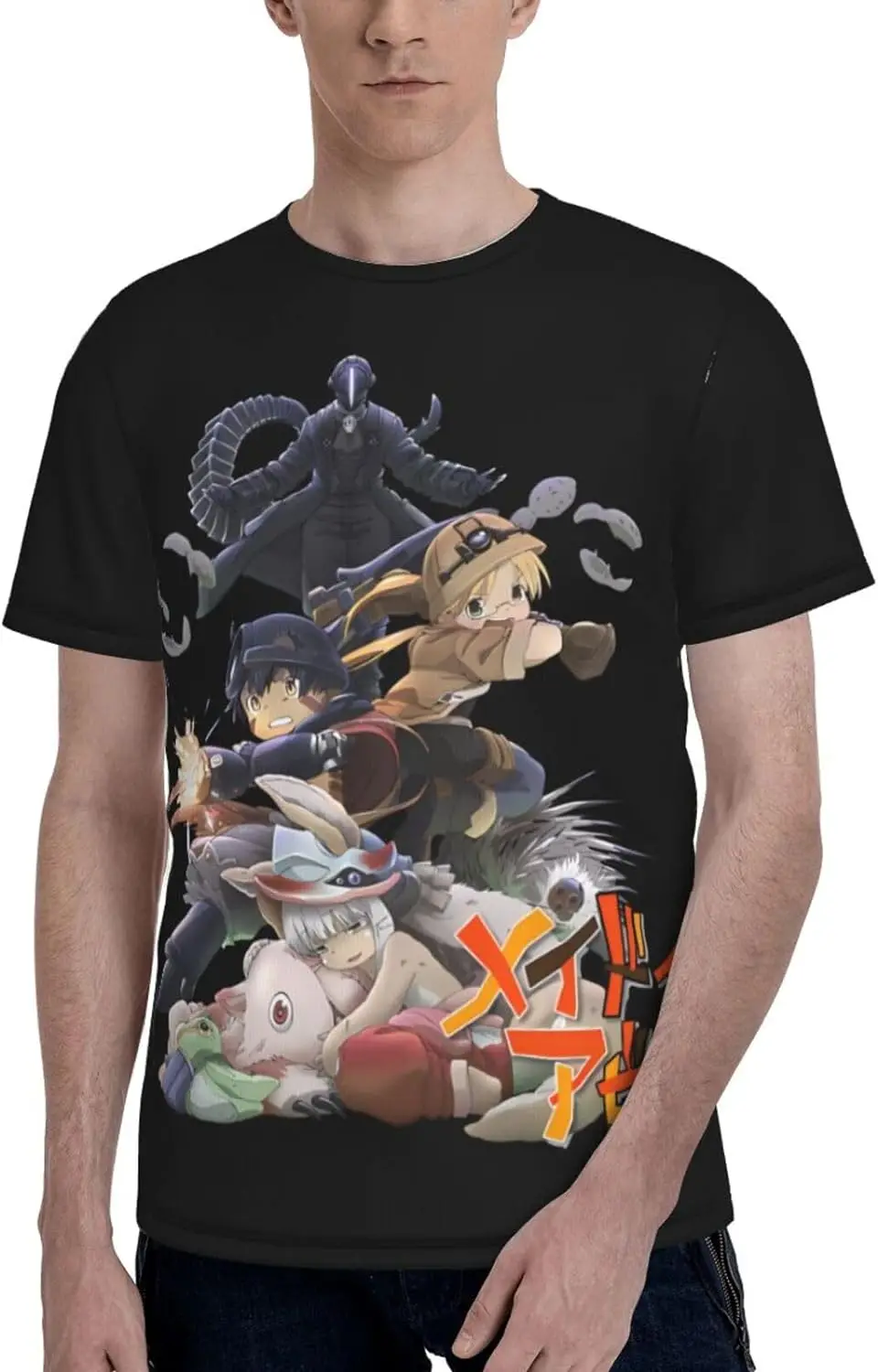 

Made Anime in Abyss Shirt Men's Polyester Crew Neck Short Sleeve T-Shirt Double Sided Full Print Sweatshirt Tops Black