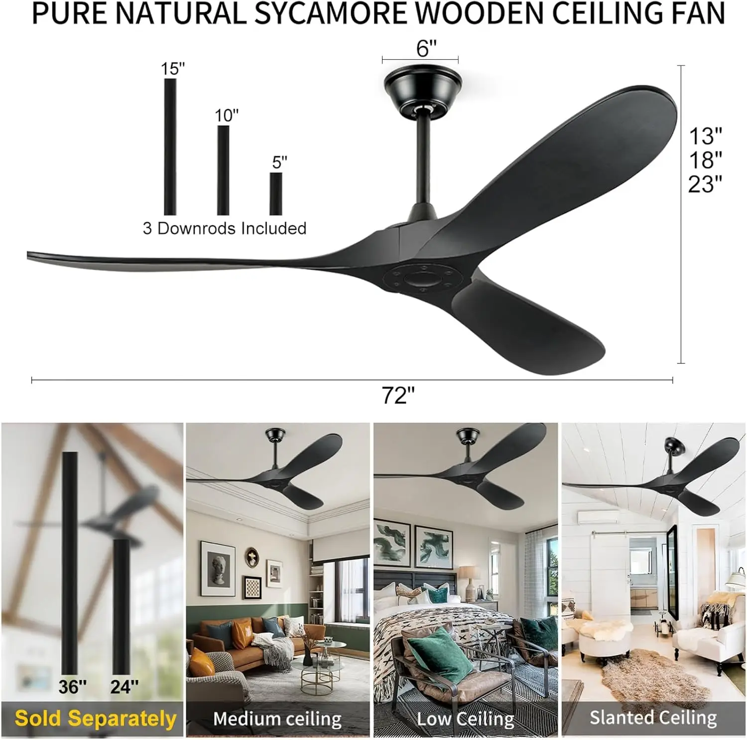 Ceiling Fans Without Lights, 3 Blades Wood Ceiling Fan with No Light by Remote
