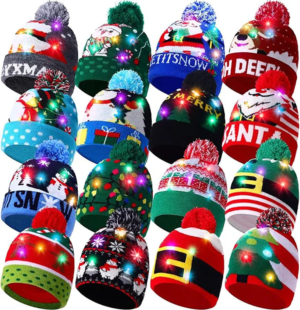 1/2/5/10 Pcs Christmas LED Light up Knitted Beanie Hat Christmas Sweater Beanie Hat Knitted Cap Unisex Novelty Winter Snow