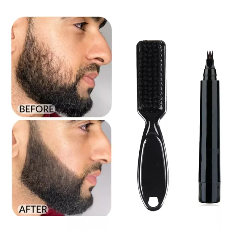 Pencil Filler For Men Black Brown 4-Tip Beard Pen Waterproof & Long Lasting Natural Makeup Detailing Filler Moustache & Eyebrows