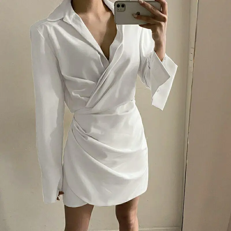 Women's Ruched Mini Dress 2023 Fall Fashion Long Sleeve Irregular Slit Dress Sexy V-neck Shirt Short Skirt Slim Fit Vestidos