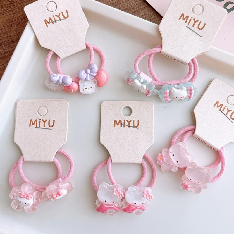 2pcs Pink Cat Girl Hair Ring for Kids Cute Cartoon Hair Band Kawaii Transparent Korean Elastic Hair Band Headwear Accessories