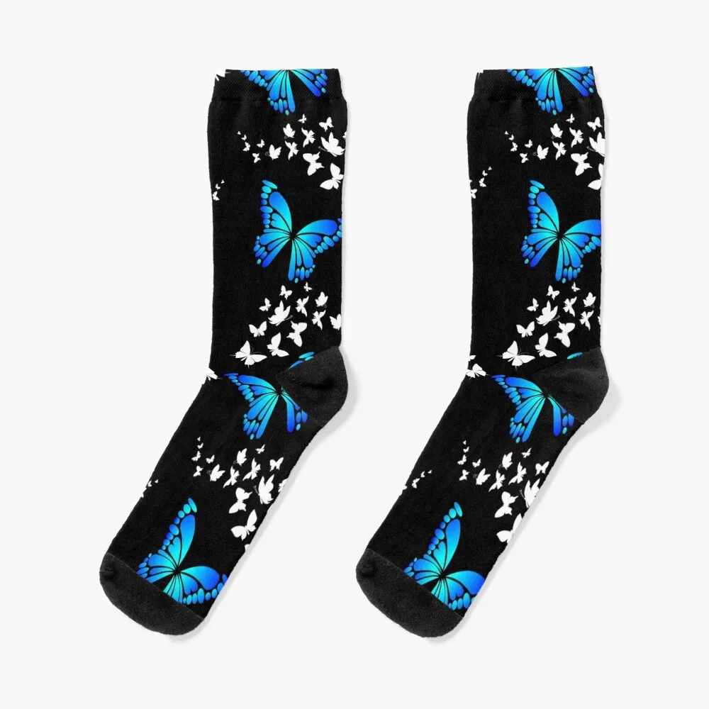 Blue and White Butterfly Pattern on Black Background Socks socks funny Socks with print Heating sock Luxury Woman Socks Men's buffalo superfan pattern dark blue socks new year running socks man women s