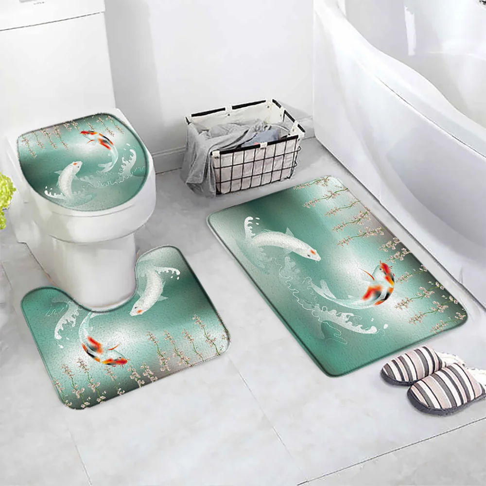 Flower Koi Printed Bath Mat 3pcs Red Plum Cactus Plant Floral Ink Painting Anti Slip Bathroom Rugs And Mat Bath Accessories Sets