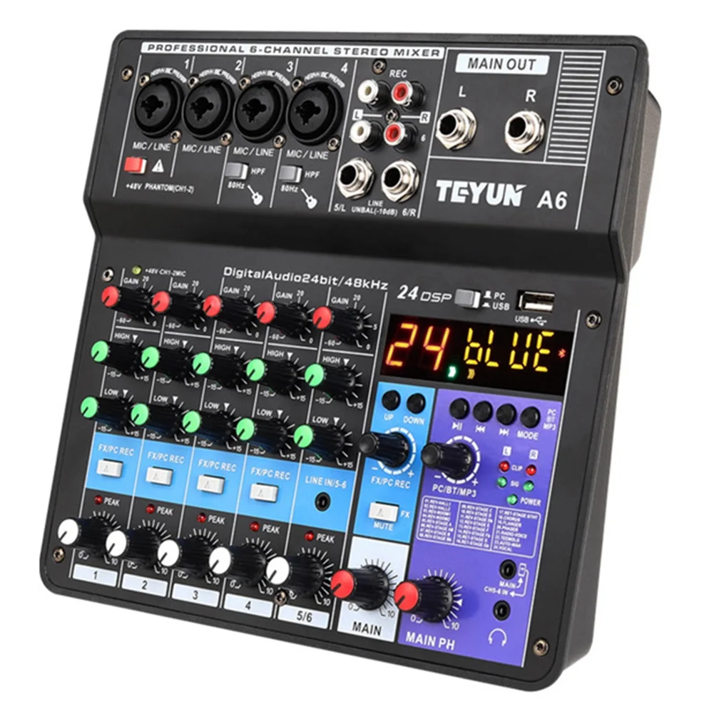 

US Plug Bluetooth Sound Card Digital Mixer 6 Channels Wireless Audio Mixing Console Computer Input USB Interface for PC