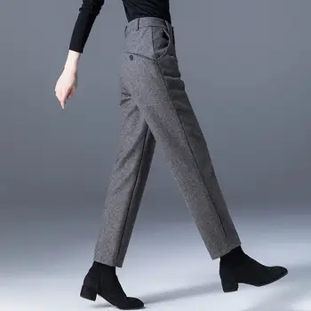 Pantaloni addensati da donna autunno inverno nuovi pantaloni di lana alla caviglia Haren a vita alta con cerniera a bottone solido 1