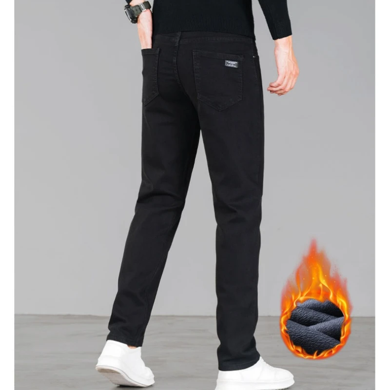 Winter New Men's Fleece Black Jeans High-end Trendy Brand Loose Straight Casual Versatile Warm Long Pants Smoke Gray