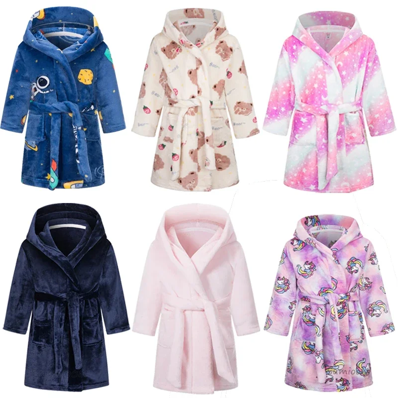 Boys Girls Hooded Bathrobe Toddler Unicorn Anime Cartoon Towel Beach Children's Sleepwear Baby Kids Bath Robes Pyjamas Nightgown