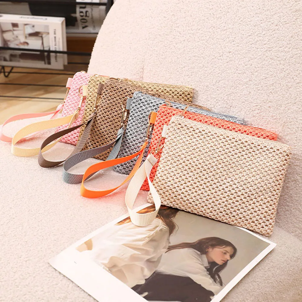 Weaving Bag Fashion Ladies Wristlet Clutch Women Daily Money Phone Clutch Solid Straw Woven Coin Purse Beach Wallet Card Holder 2