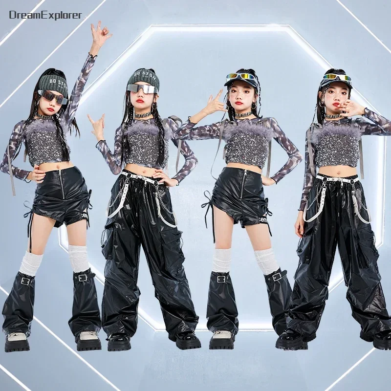Hip Hop Girls K-pop Sequin Crop Top Street Dance Pu Leather Pants