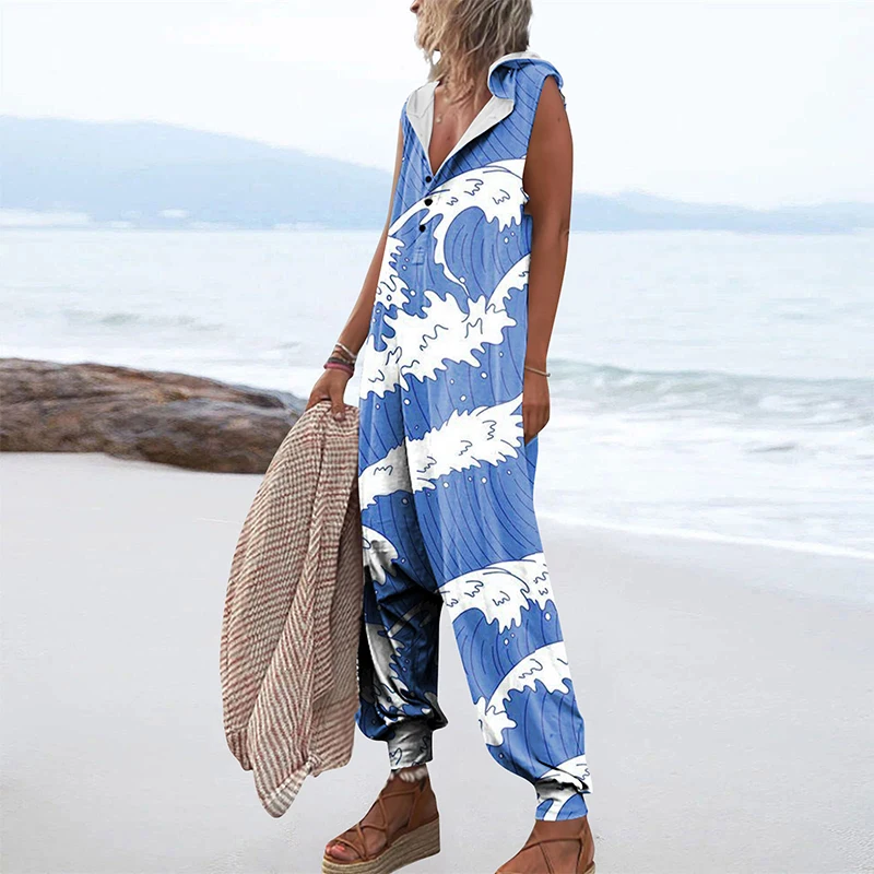 Women Summer Casual Fashion Baggy Pants Jumpsuits Button Sleeveless Hooded Rompers Beach Loose Playsuit Overalls