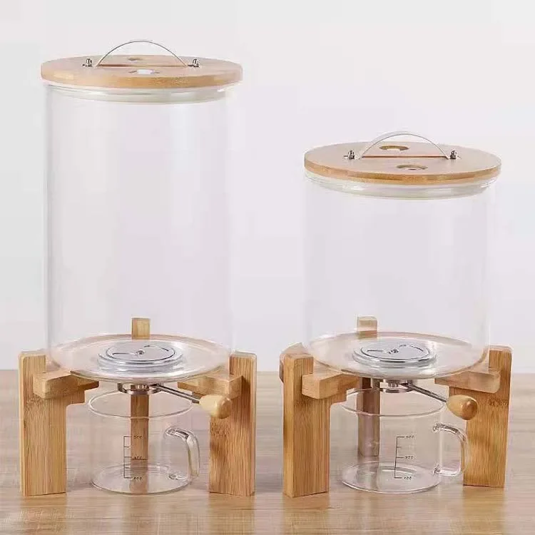 Flour and Cereal Container Dispenser Glass Food Storge Jar for Kitchen and Pantry Store Pet Food Airtight Lid and Wooden Stand 3