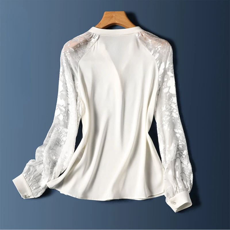 Camisa de satén de retales de encaje de seda para mujer, blusa de