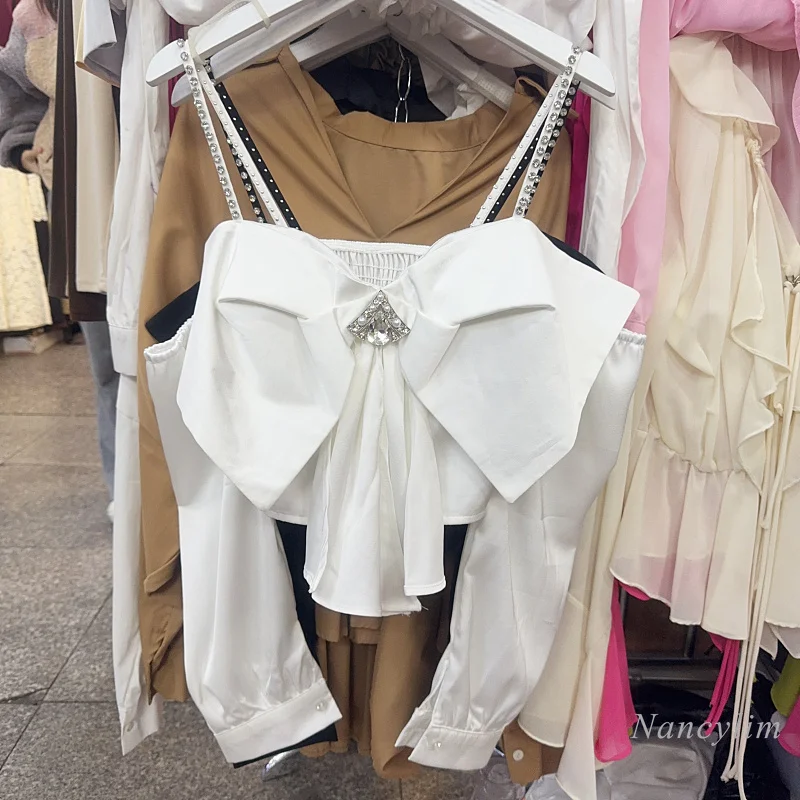 

Y2k Top for Women White Long Sleeve Off-Shoulder Shirt Korean Style Spring Summer Wear Temperament Bow Blouse Holiday Tops