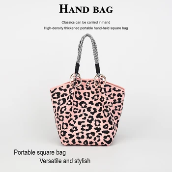 1 Piece of Vintage Leopard Print Knitted Handbag, with Snap Closure, Large Capacity for Holding Mobile Phones, Books, Water Bottles, Cosmetics, Suitable for Women for Shopping, Photography, Travel, Vacation, and Commuting, with Detachable Ring Buckle and Sturdy Multicolor Rope Handle 1