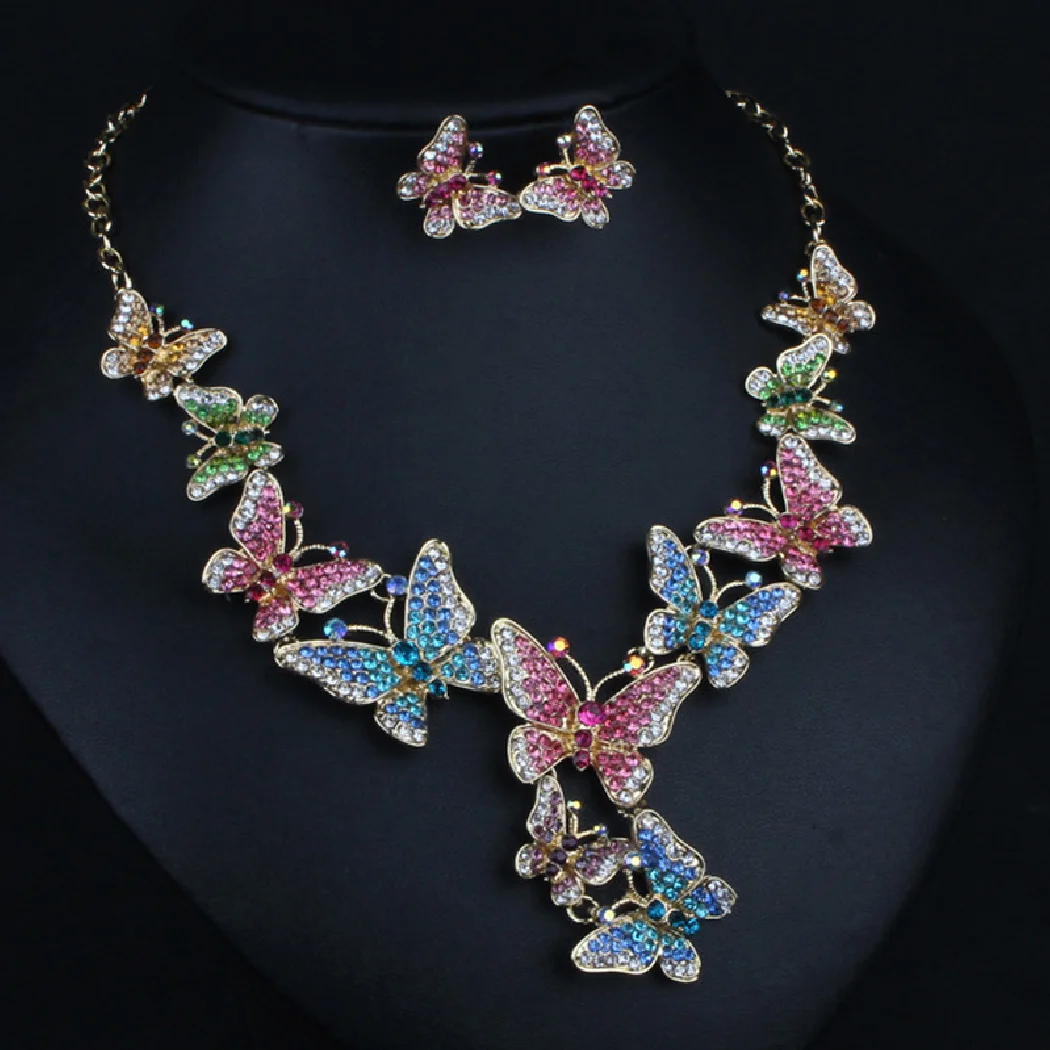 

Trendy jewelry Hot sale colorful Butterfly bridal jewelry sets perfect rhinestone crystal wedding necklace with earring bijoux