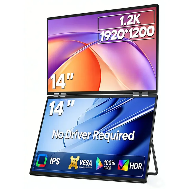14'' Portable Dual Monitor 1.2K 1920*1200P Stacked Foldable Dual Screen For PC Laptop Screen Extender  180° Automatic Rotation