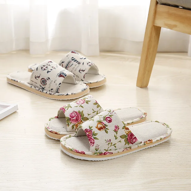 Four Season Linen Home Slippers Women Autumn Indoor Casual Floral Slides Couples House Non-slip Sandals Adults Cartoon Cat Shoes