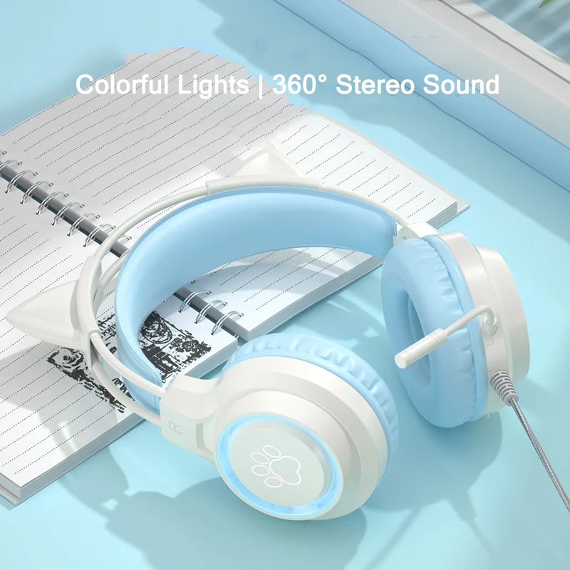 Cute Wired Gaming Cat Ear Headphones Kawaii RGB Gamer Girl Headset