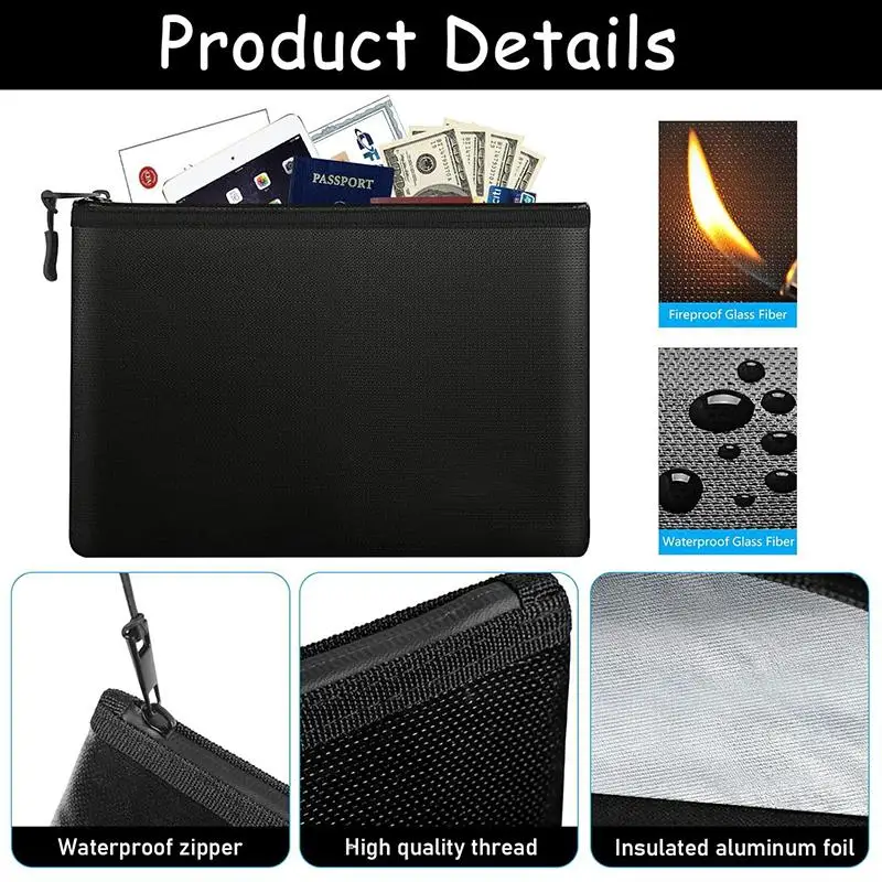 1PC 소형 ID 카드 보관 가방 증명서, 머니 카드용 지퍼가 있는 다중 크기 내화 및 방수 기능 블랙 실버